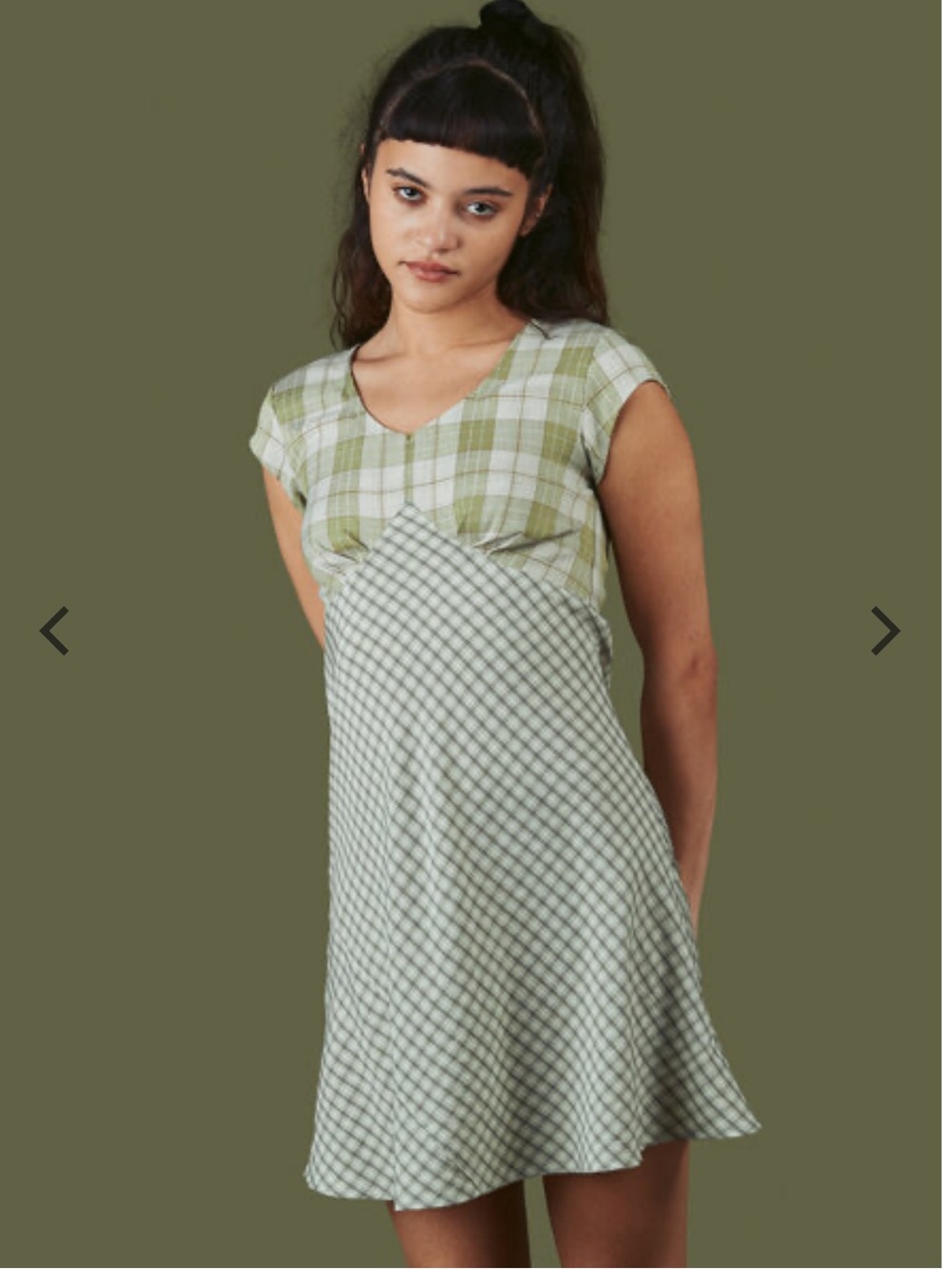 UNIF Thyme Green White Short Sleeve Mini Plaid Dress Women’s Size XS